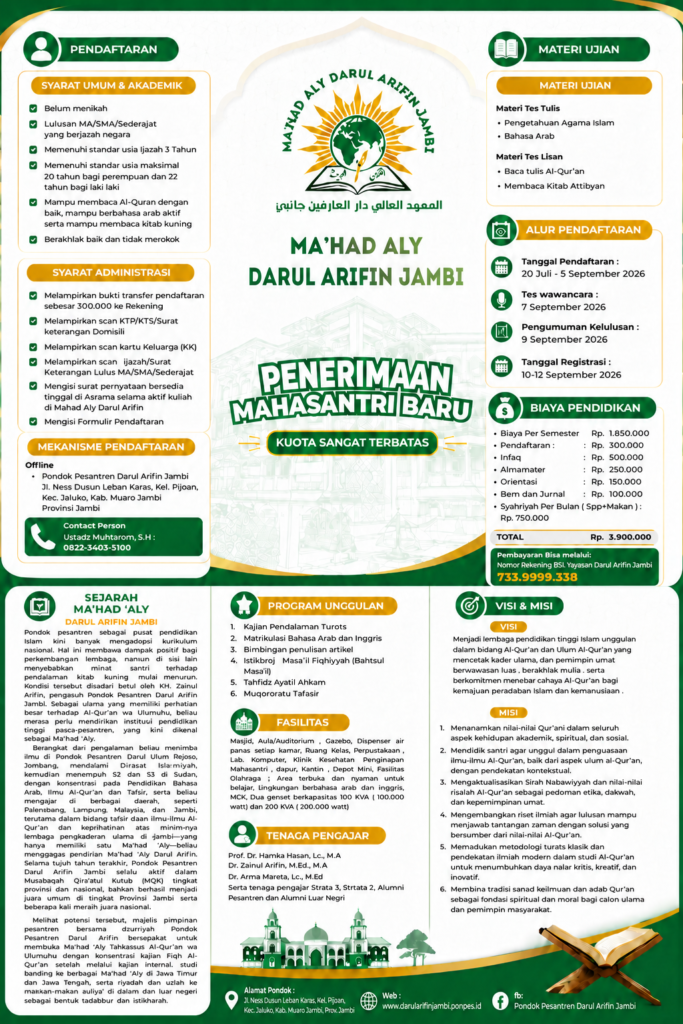 Penerimaan Mahasantri Baru Ma’had Aly Darul Arifin Jambi Tahun Ajaran 2026/2027
